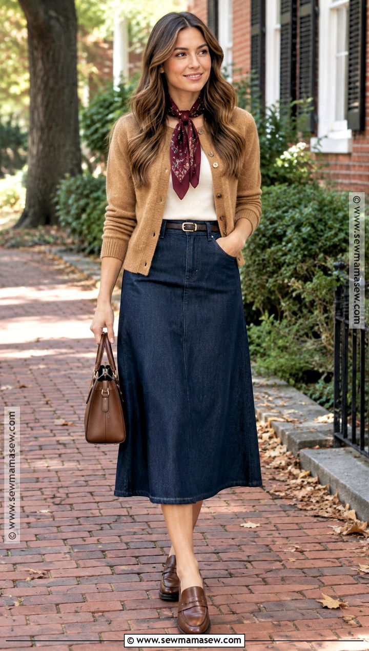 Cardigan And Denim Midi Skirt Fall Church Outfit - 20 modest fall outfits church