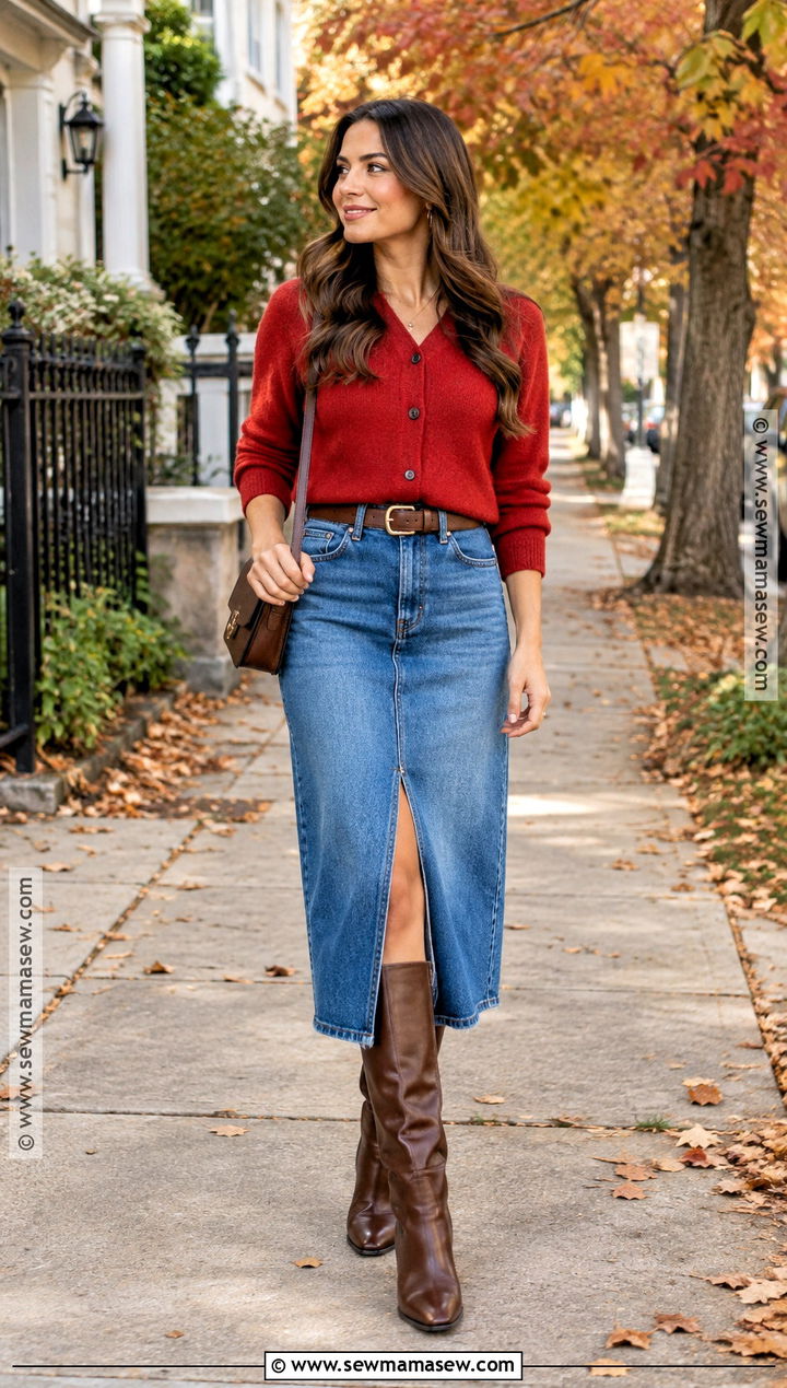 Cardigan And Denim Midi Skirt Fall Photoshoot Outfit - 20 fall photoshoot outfits for women
