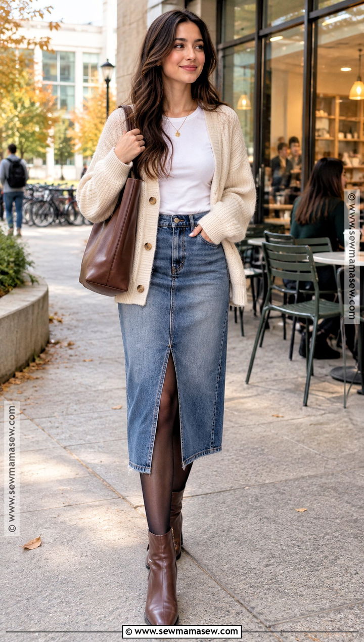 Cardigan And Denim Midi Skirt Uni Outfit - 25 uni fits autumn