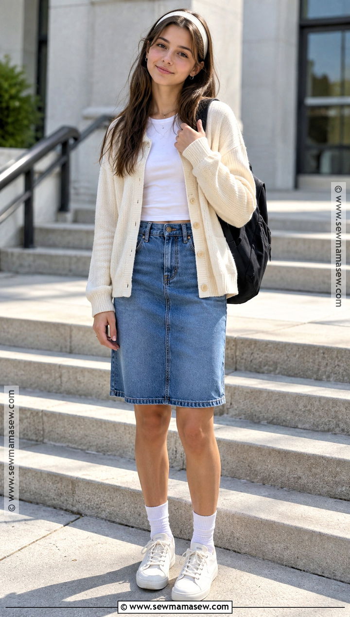 Cardigan And Denim Skirt Outfit - 25 back to school outfits for teens