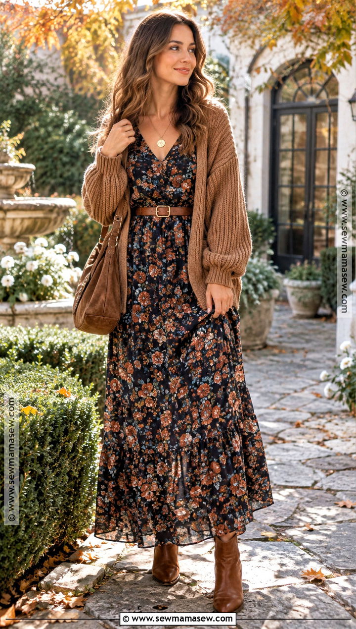 Cardigan And Floral Maxi Dress Fall Outfit - 20 cozy fall aesthetic outfit ideas