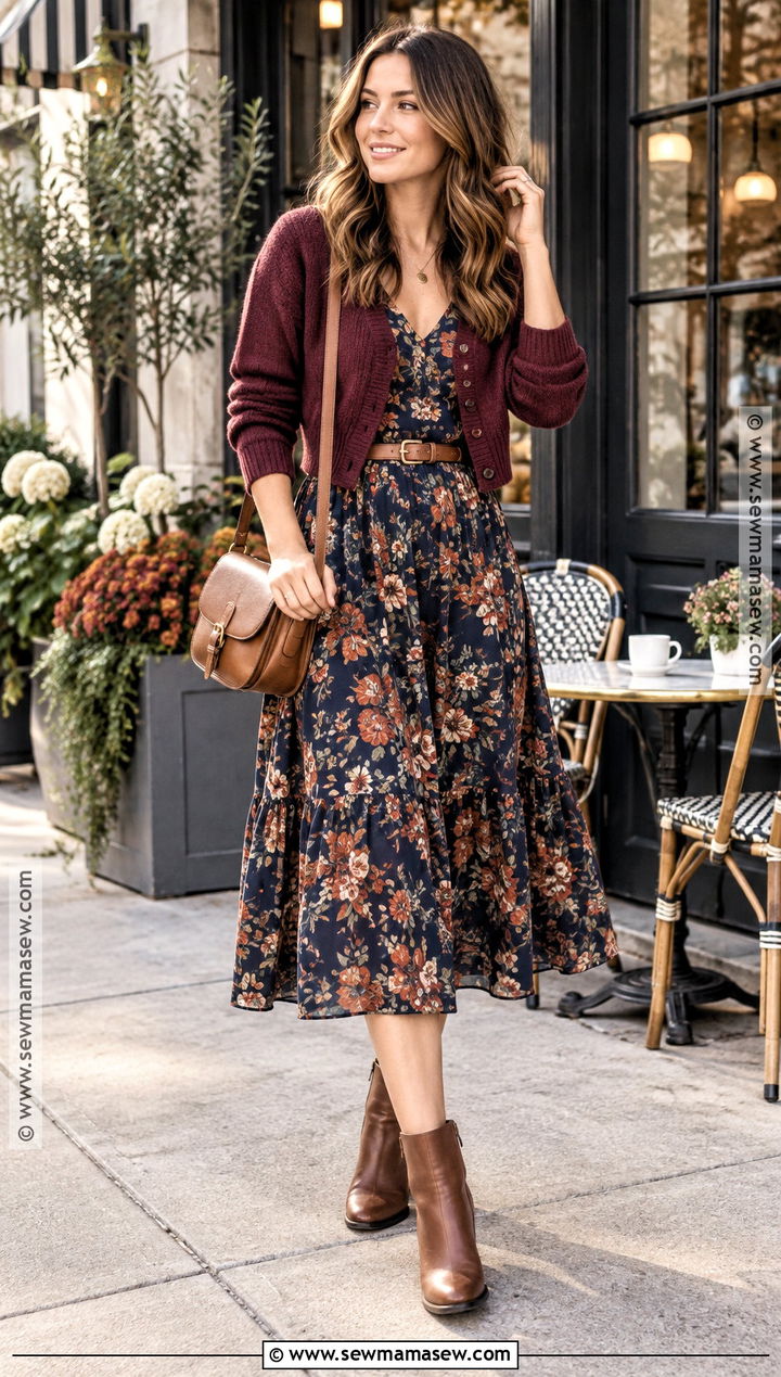 Cardigan And Floral Midi Dress Summer To Fall Outfit - 25 summer to fall outfits