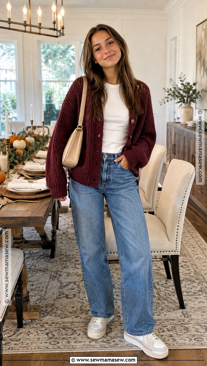 Cardigan And Jeans Thanksgiving Outfit - 20 Thanksgiving Outfit Ideas for Teens