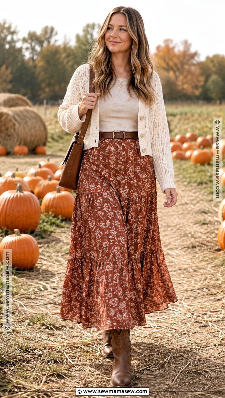 Cardigan And Maxi Skirt Pumpkin Patch Outfit - 20 Mom Pumpkin Patch Outfit Ideas