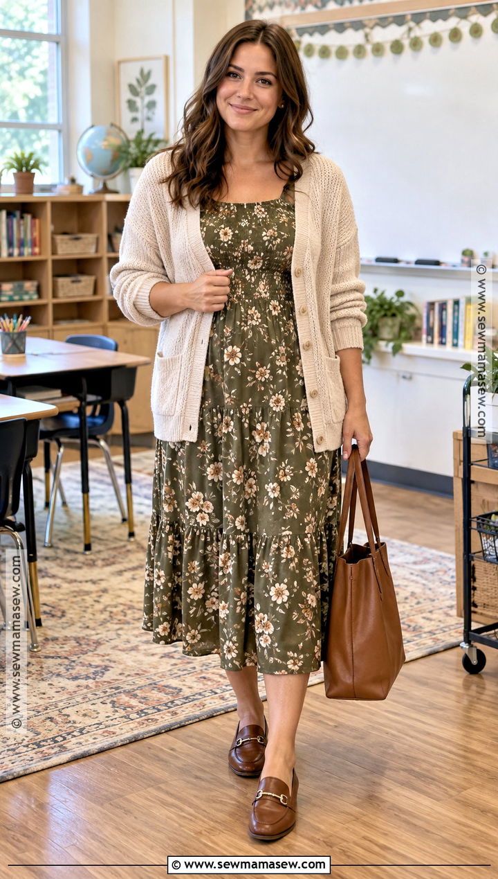 Cardigan And Midi Dress Teacher Outfit - 15 fall work outfits for teachers