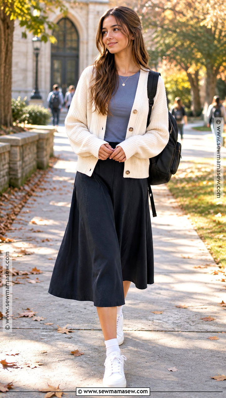 Cardigan And Midi Skirt Outfit - 20 back to school outfits dress code