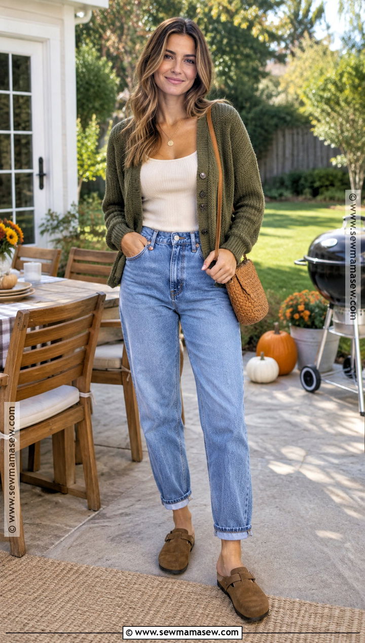 Cardigan And Mom Jeans Cookout Outfit - 20 Fall Cookout Outfit Ideas