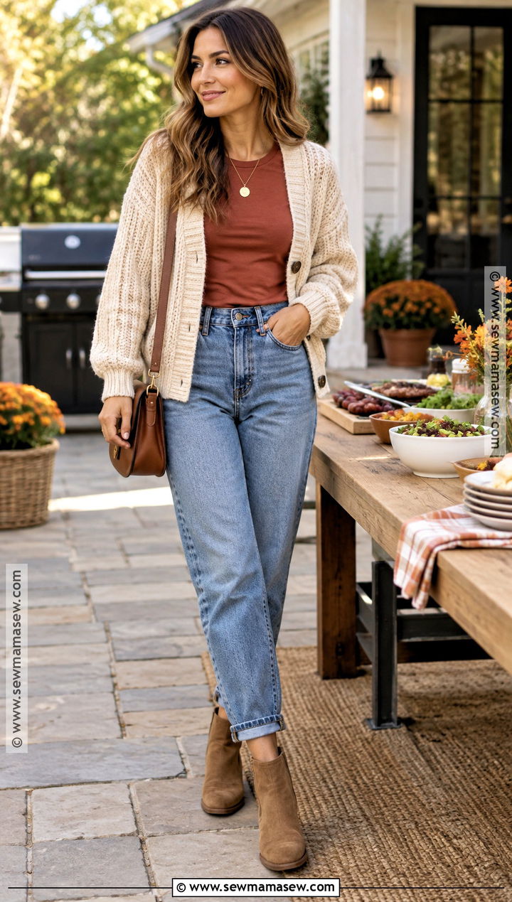 Cardigan And Mom Jeans Fall BBQ Outfit - 20 fall bbq outfit ideas