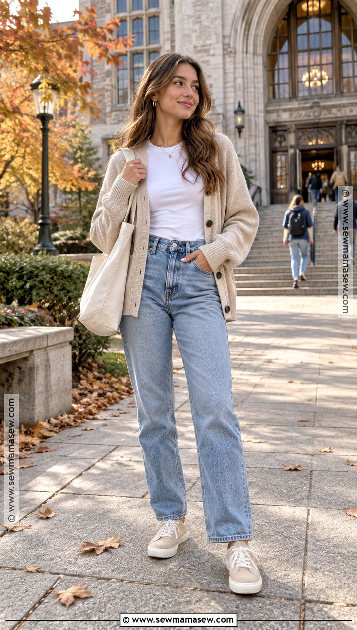 Cardigan And Mom Jeans For College - 15 college class outfits fall