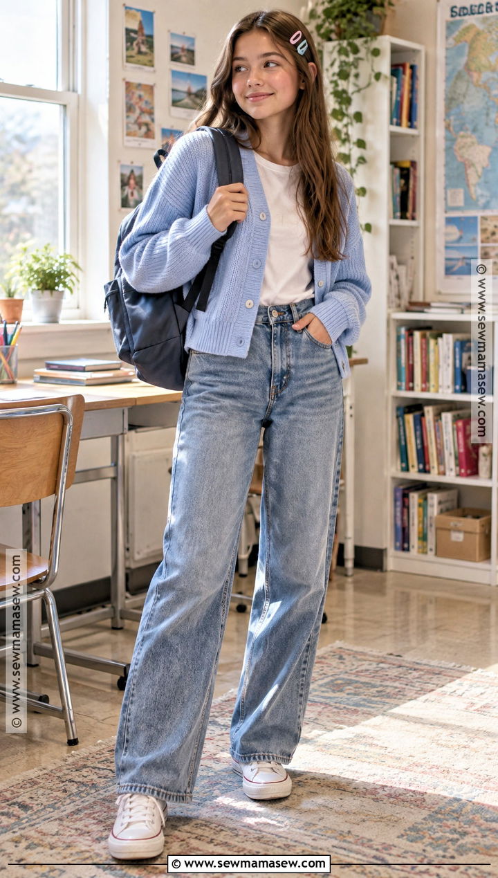 Cardigan And Mom Jeans Outfit - 20 Back To School 7Th Grade Outfits