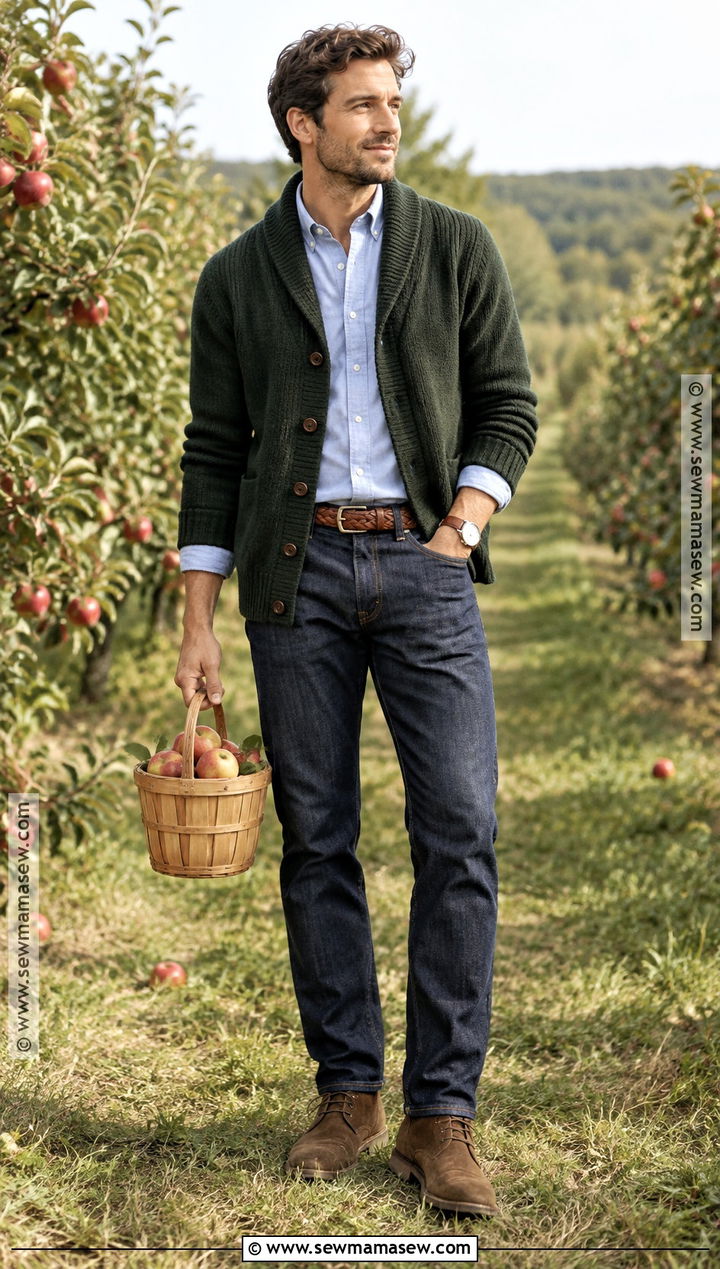 Cardigan And Oxford Shirt Apple Orchard Outfit - 15 apple orchard outfit fall ideas for men