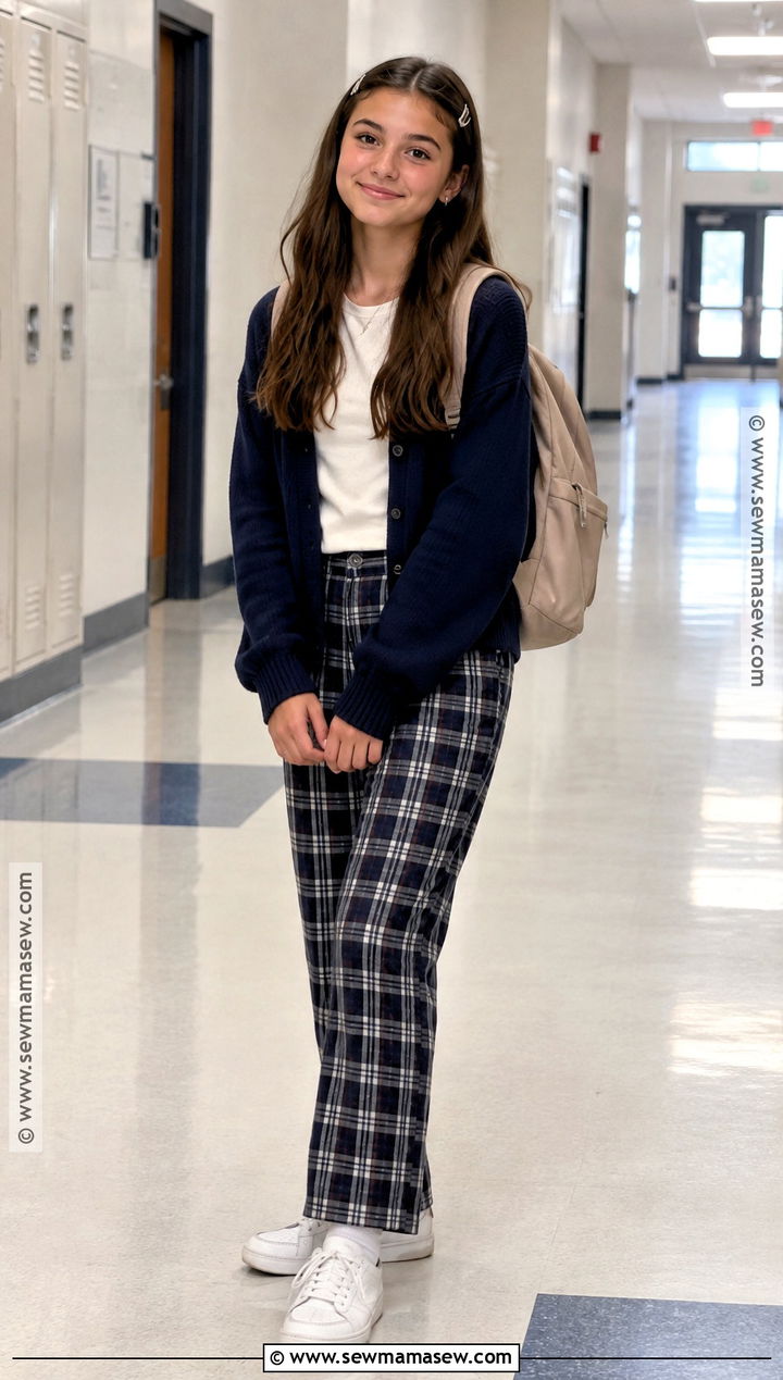 Cardigan And Plaid Pants Outfit - 25 back to school outfits middle school 6th grade