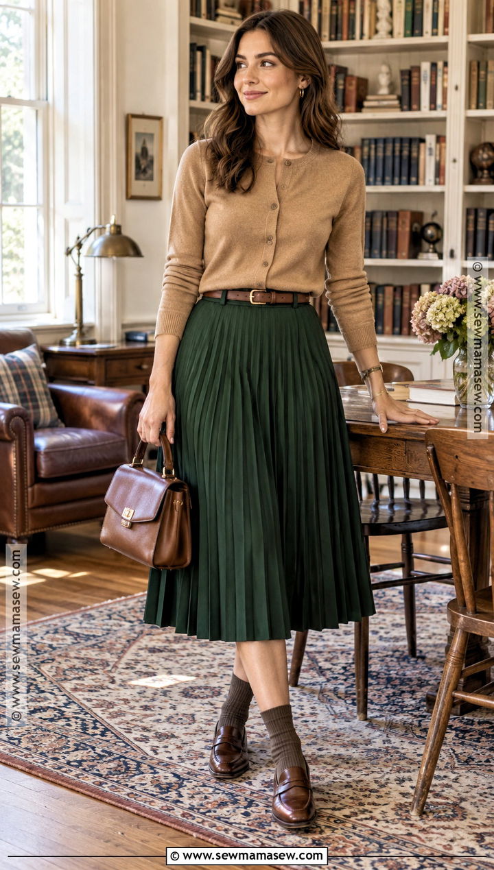Cardigan And Pleated Midi Skirt Fall Outfit - 25 fall outfit inspired ideas