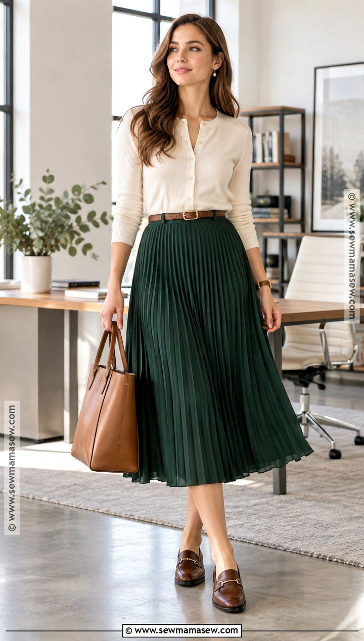 Cardigan And Pleated Midi Skirt Office Outfit - 25 autumn office outfit ideas