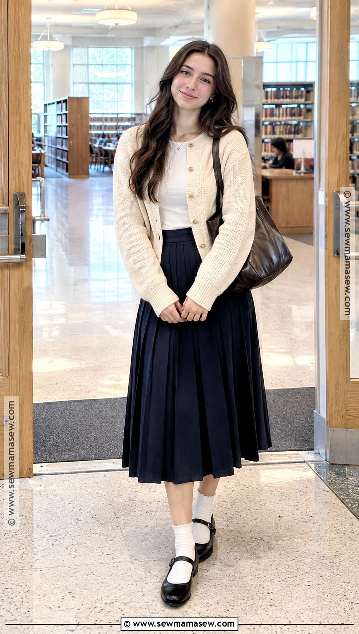 Cardigan And Pleated Midi Skirt Outfit - 20 Classy Back To School Outfits