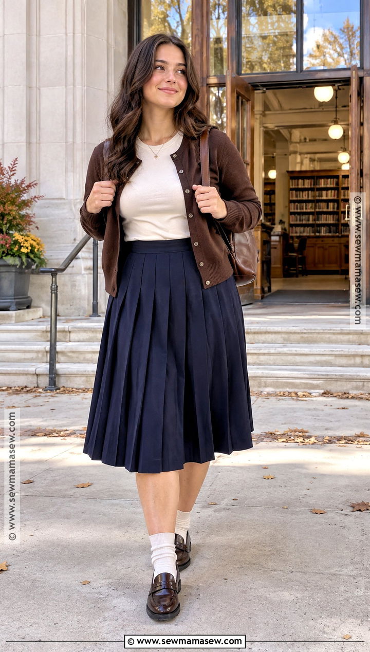 Cardigan And Pleated Midi Skirt School Outfit - 15 Cute Fits For School Fall