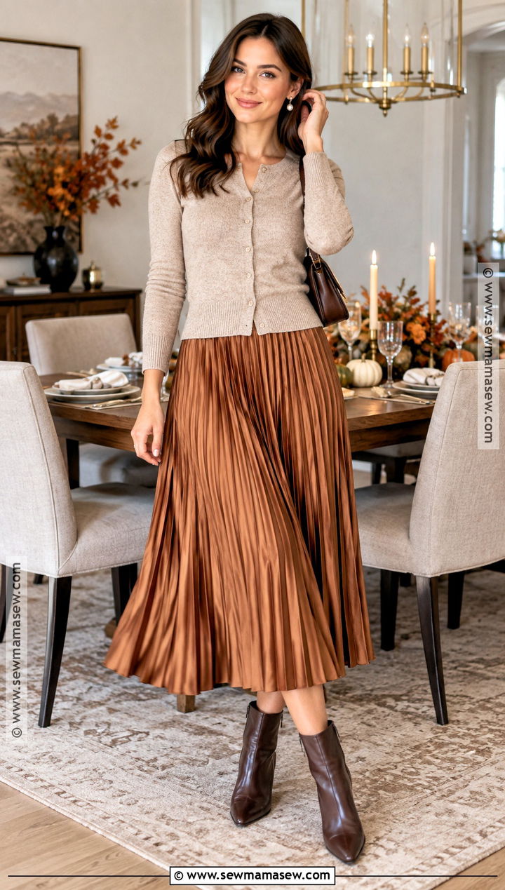 Cardigan And Pleated Midi Skirt Thanksgiving Outfit - 20 Thanksgiving Inspo Outfits