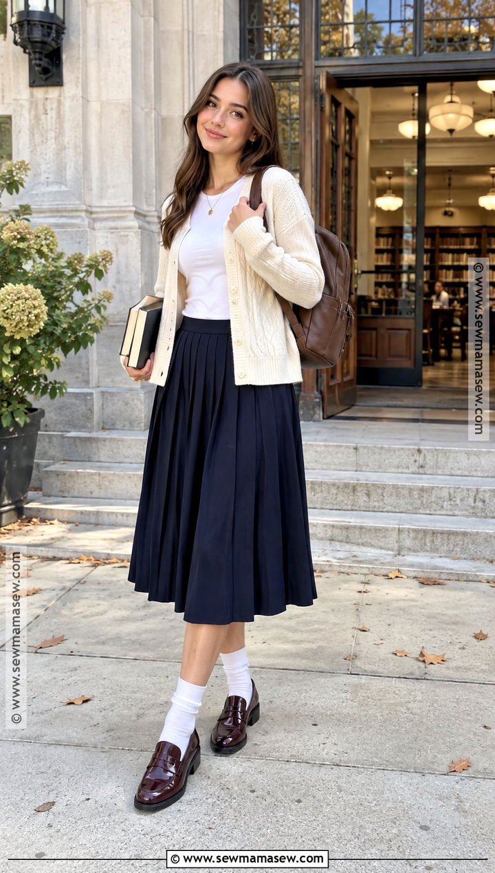 Cardigan And Pleated Skirt Fall College Outfit - 15 fall college class outfits