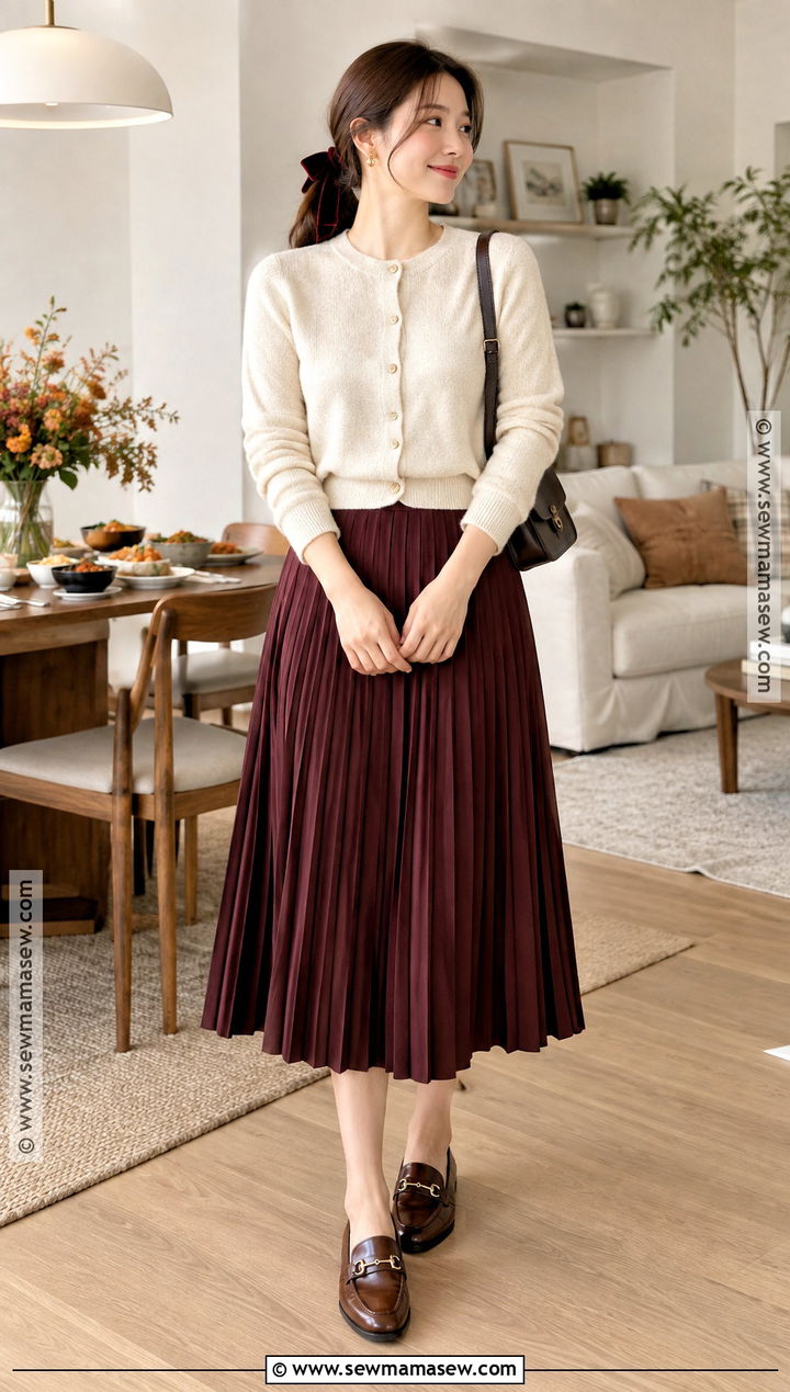 Cardigan And Pleated Skirt Outfit - 15 korean thanksgiving outfits
