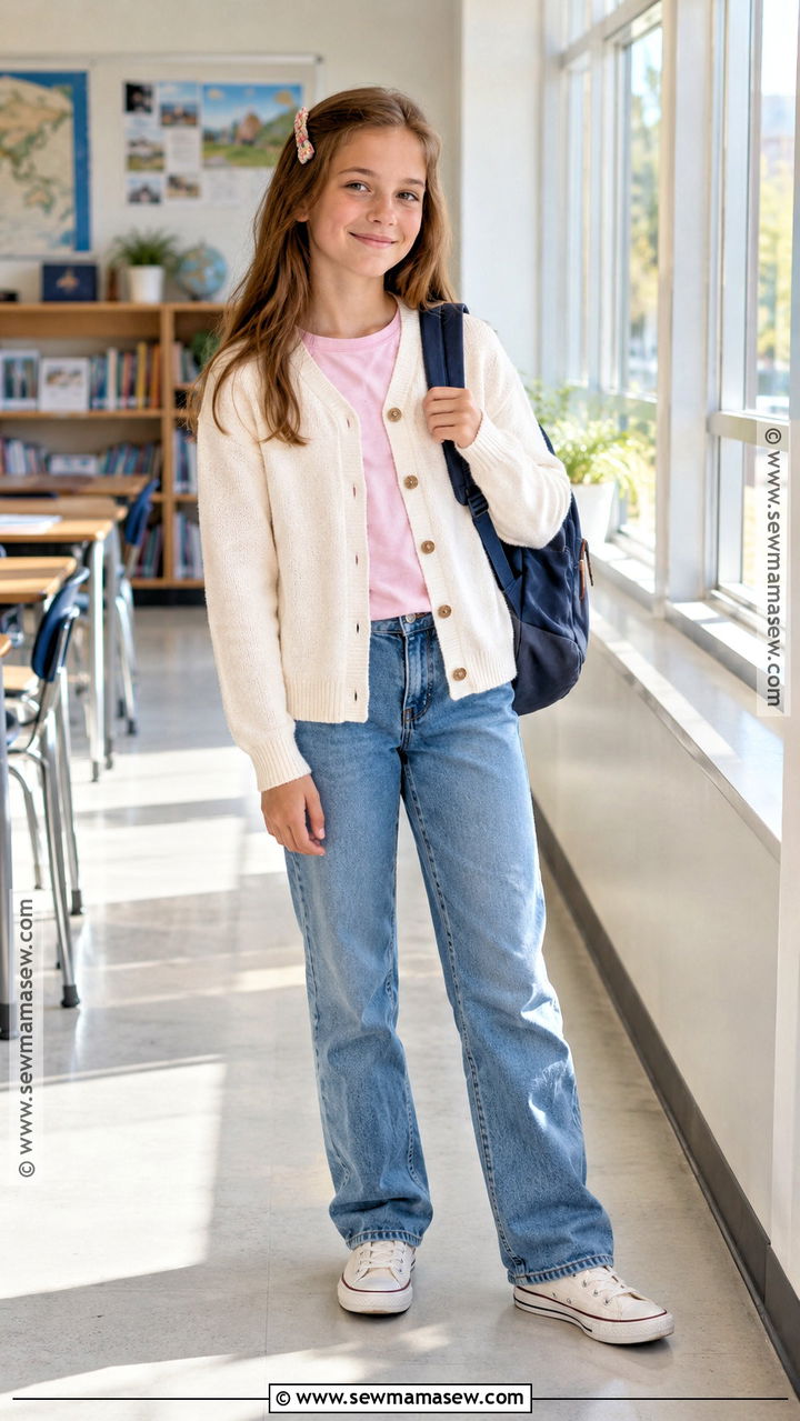 Cardigan And Relaxed Jeans 6th Grade Outfit - 20 Back To School Outfit Ideas For 6Th Grade