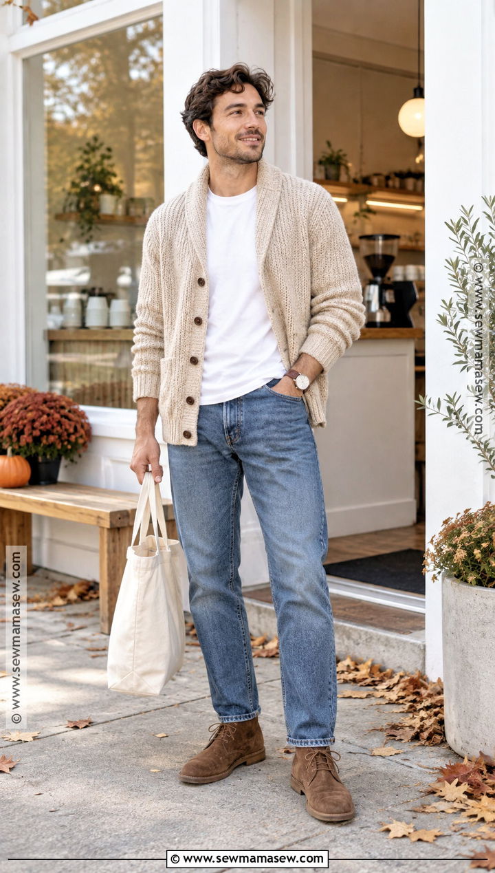 Cardigan And Relaxed Jeans Autumn Outfit - 15 mens autumn outfits 2026