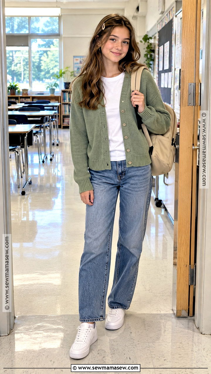 Cardigan And Relaxed Jeans Outfit - 20 back to school outfits middle school 8th
