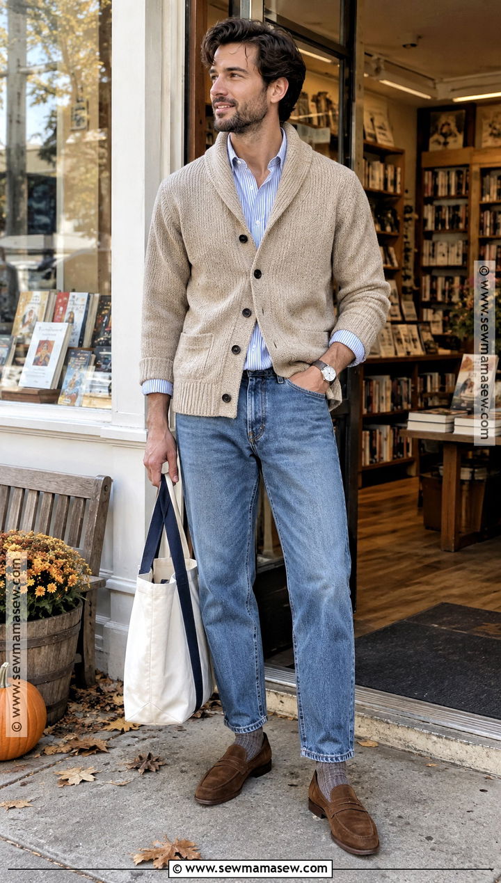 Cardigan And Relaxed Jeans Outfit - 15 fall male fashion ideas