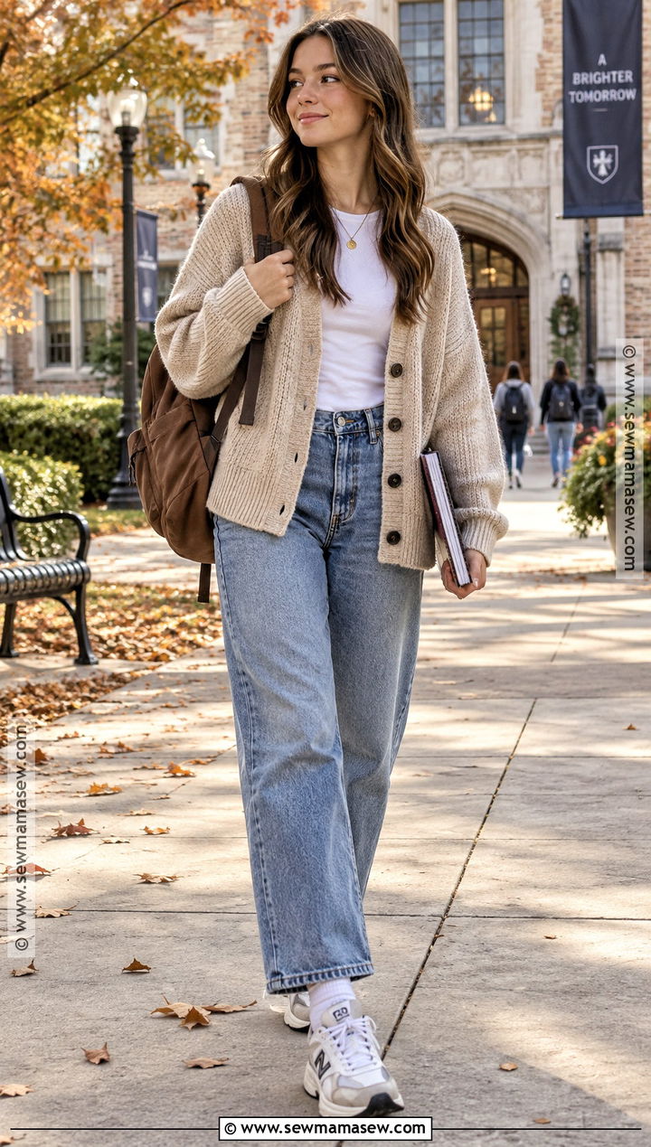 Cardigan And Relaxed Jeans School Outfit - 15 cute everyday outfits for school fall