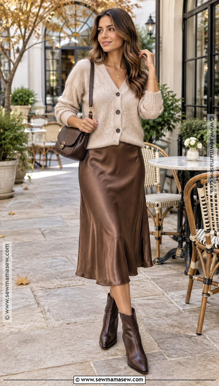 Cardigan And Satin Midi Skirt Autumn Outfit - 15 casual classy outfits autumn