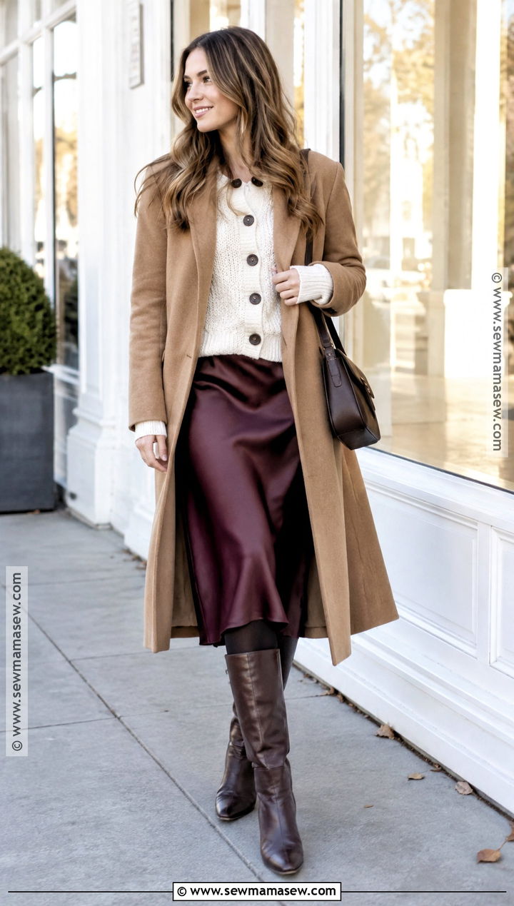 Cardigan And Satin Midi Skirt Cold Fall Outfit - 15 cold fall outfits 2026