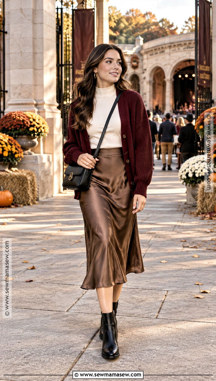 Cardigan And Satin Midi Skirt Concert Outfit - 20 outdoor concert outfit fall ideas