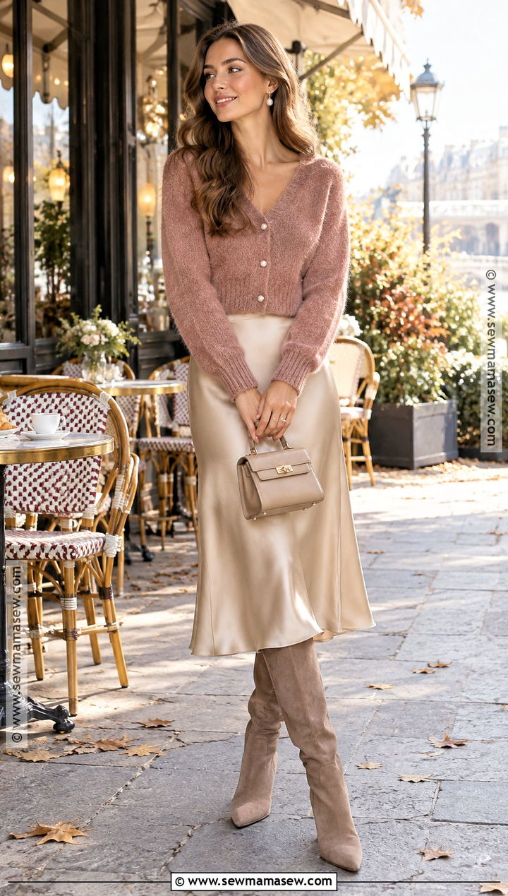 Cardigan And Satin Midi Skirt Fall Outfit - 20 Aesthetic Fall Outfit Ideas