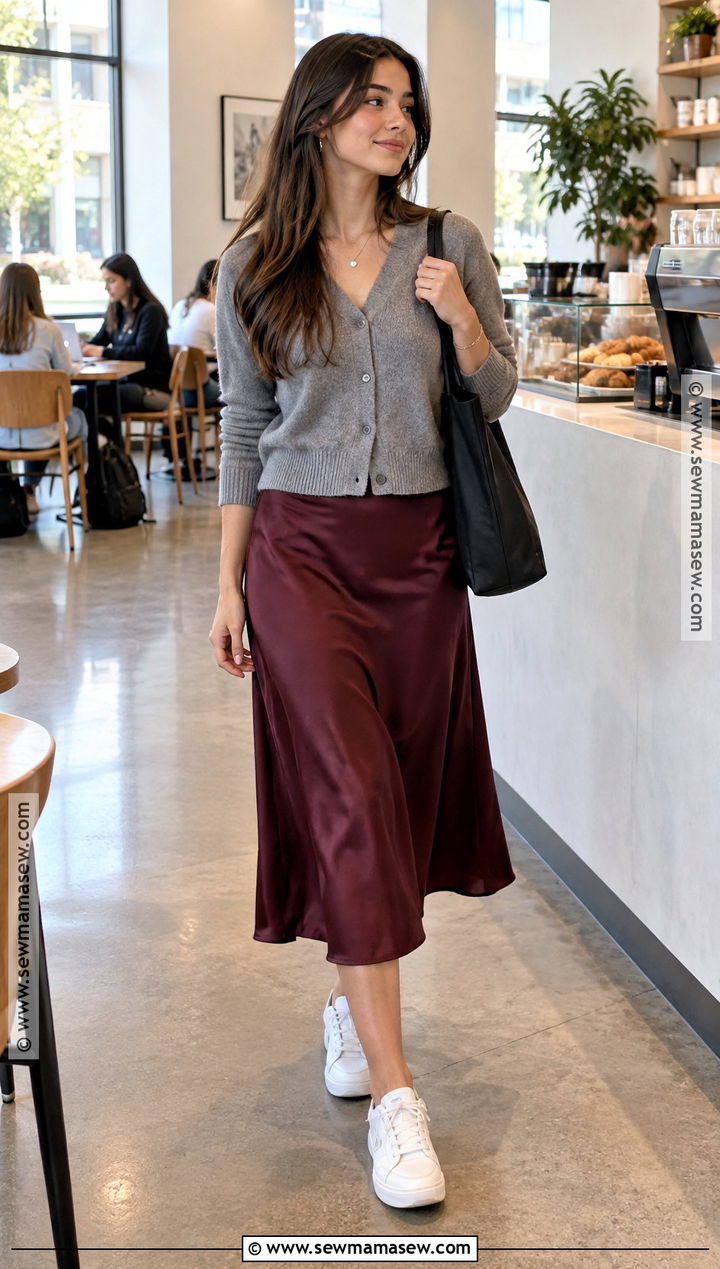 Cardigan And Satin Midi Skirt Outfit - 20 Classy Back To School Outfits
