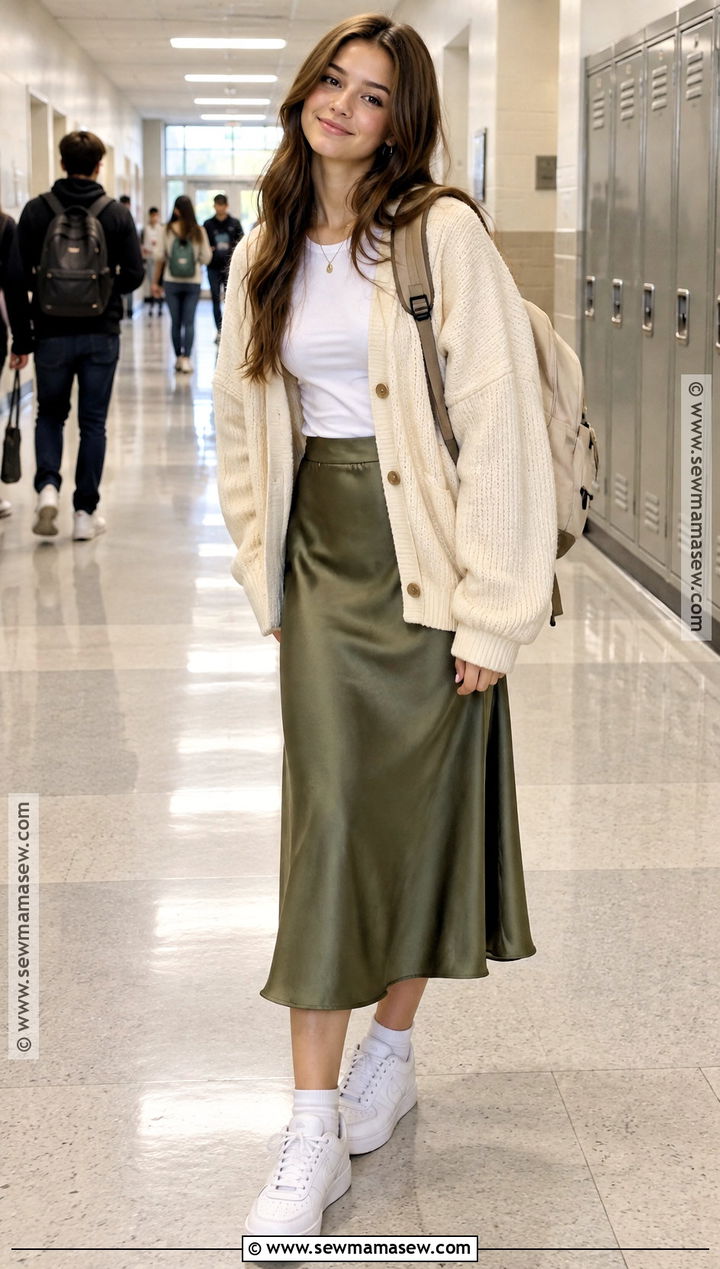 Cardigan And Satin Midi Skirt School Outfit - 20 cute school outfits fall
