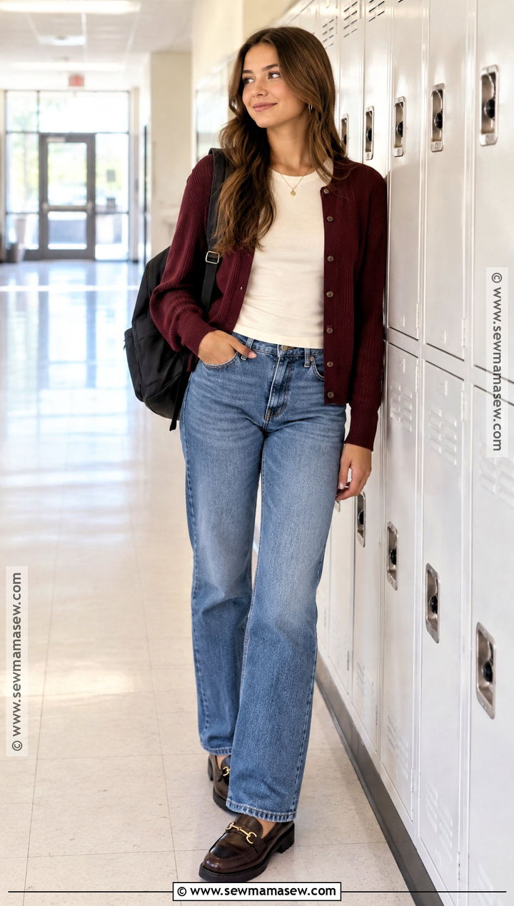 Cardigan And Straight Leg Jeans Back To School Outfit - 15 1St Day Back To School Outfits