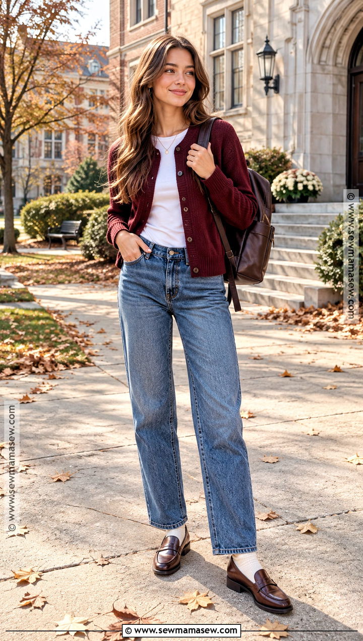 Cardigan And Straight Leg Jeans Fall School Outfit - 15 fall lazy outfits for school