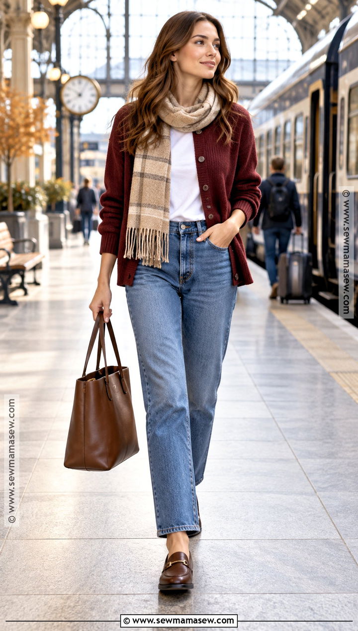 Cardigan And Straight Leg Jeans Fall Travel Outfit - 15 Fall Travel Clothes