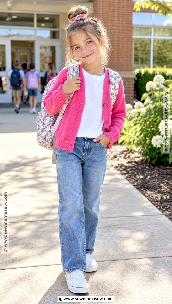 Cardigan And Straight Leg Jeans School Outfit - 15 girls back to school outfits for kids 2026