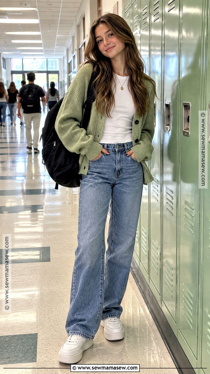 Cardigan And Straight Leg Jeans School Outfit - 20 Back To School Teen Girl Outfits