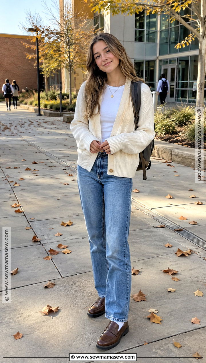 Cardigan And Straight Leg Jeans School Outfit - 25 fall outfit ideas for school