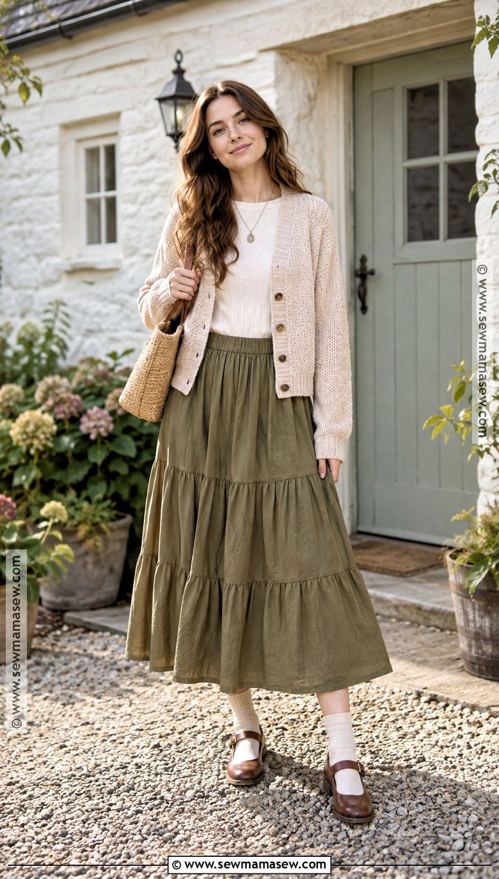 Cardigan And Tiered Skirt Fall Cottage Outfit - 20 Fall Cottage Outfits