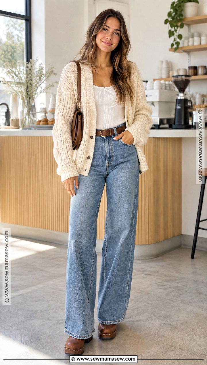 Cardigan And Wide Leg Jeans Autumn Outfit - 20 comfy autumn outfits casual