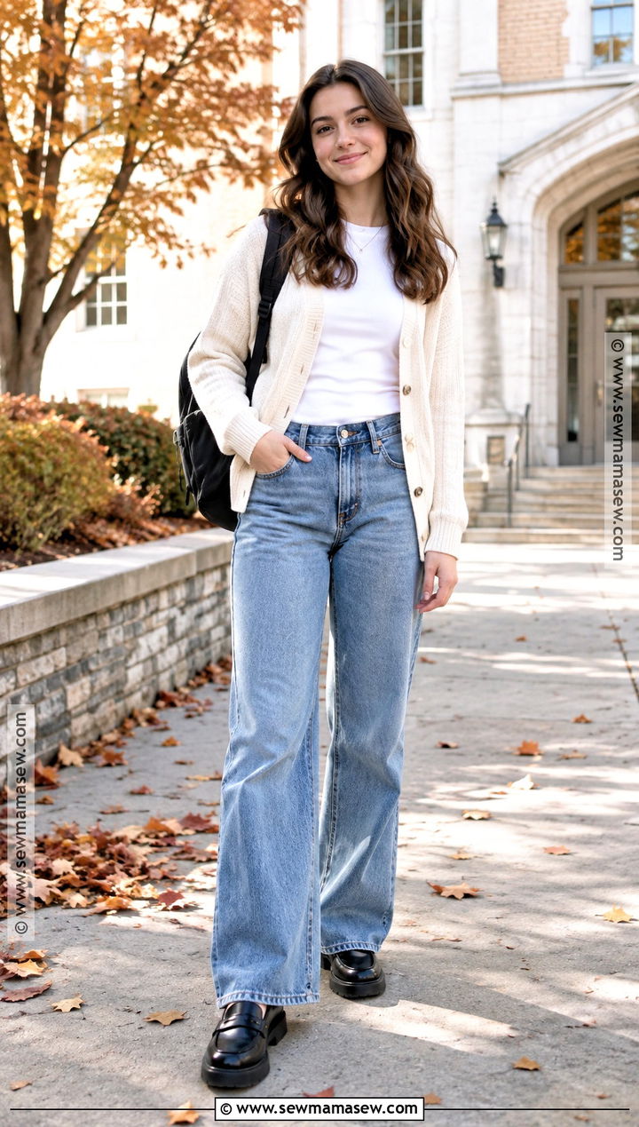 Cardigan And Wide Leg Jeans Autumn School Outfit - 25 outfit ideas for school autumn