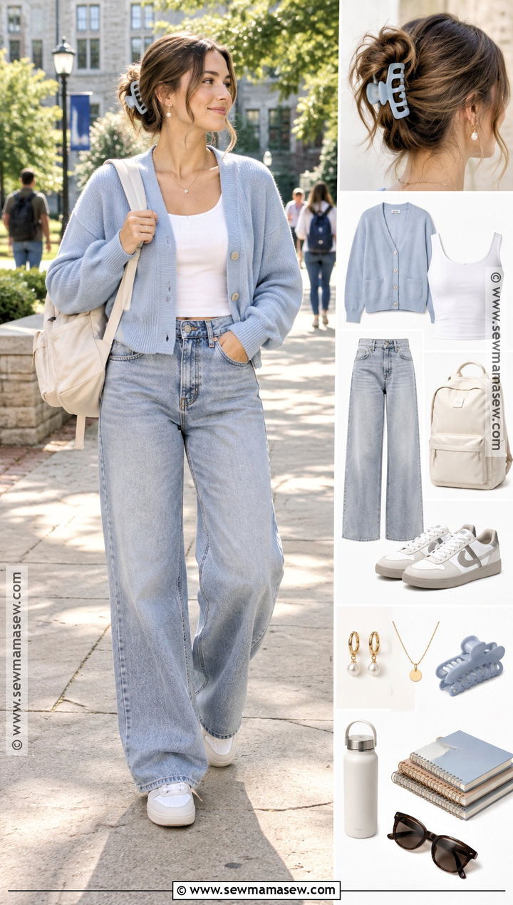 Cardigan And Wide Leg Jeans Back To School Outfit - 15 back to school outfit collage ideas
