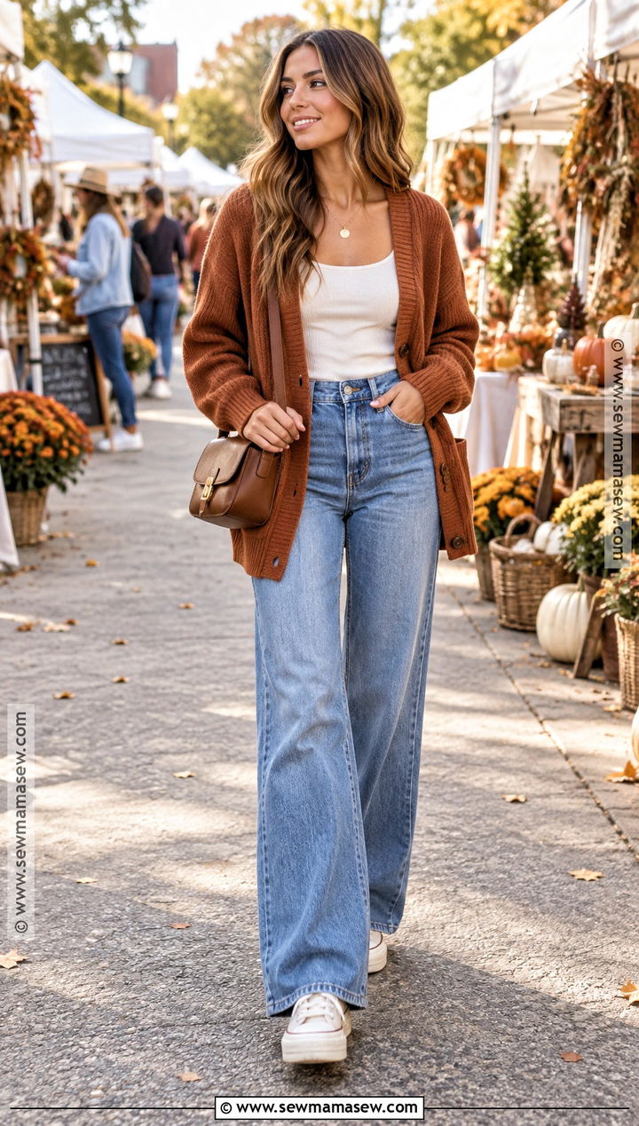 Cardigan And Wide Leg Jeans Fall Festival Outfit - 25 fall festival outfits