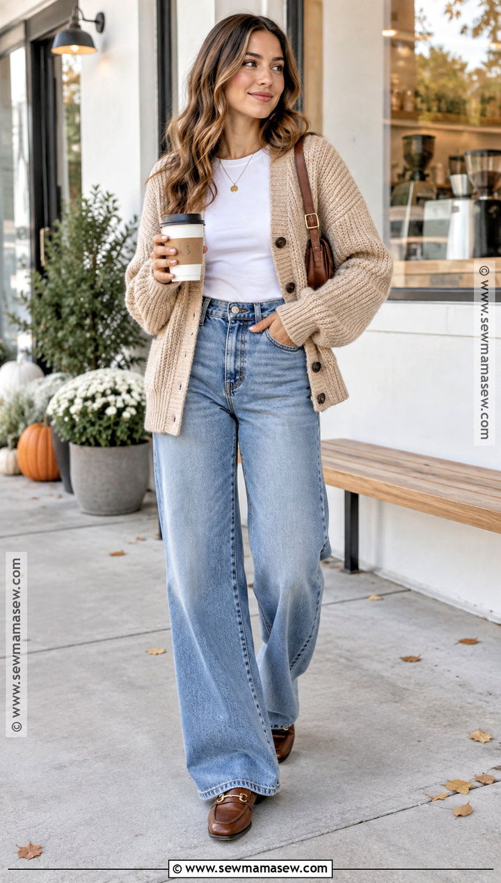 Cardigan And Wide Leg Jeans Fall Outfit - 25 chill fall outfits
