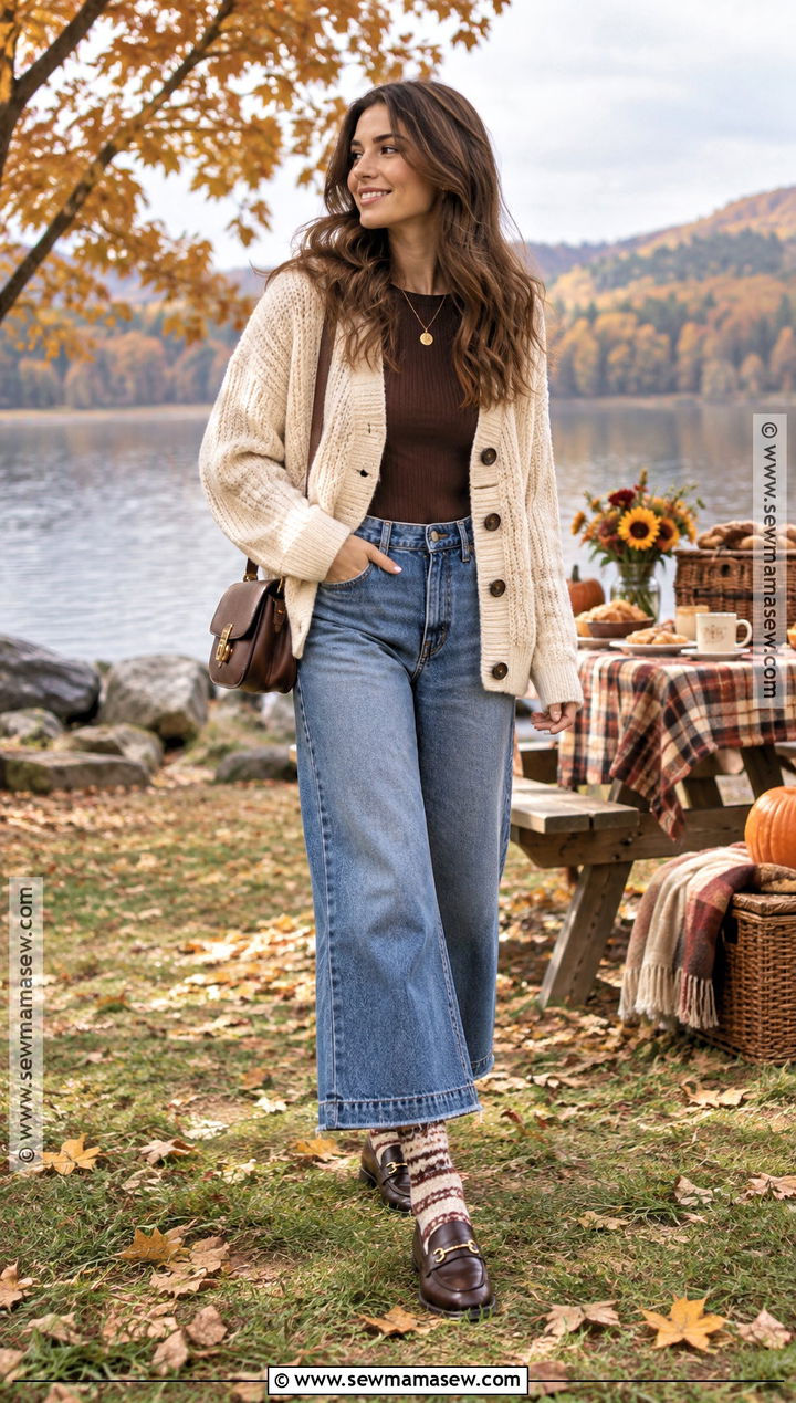 Cardigan And Wide Leg Jeans Fall Picnic Outfit - 25 fall picnic outfit ideas