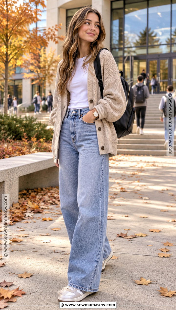 Cardigan And Wide Leg Jeans Fall School Outfit - 15 fall outfits for school comfy