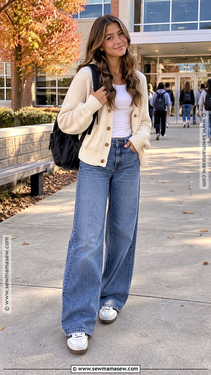 Cardigan And Wide Leg Jeans High School Outfit - 20 fall outfits high school