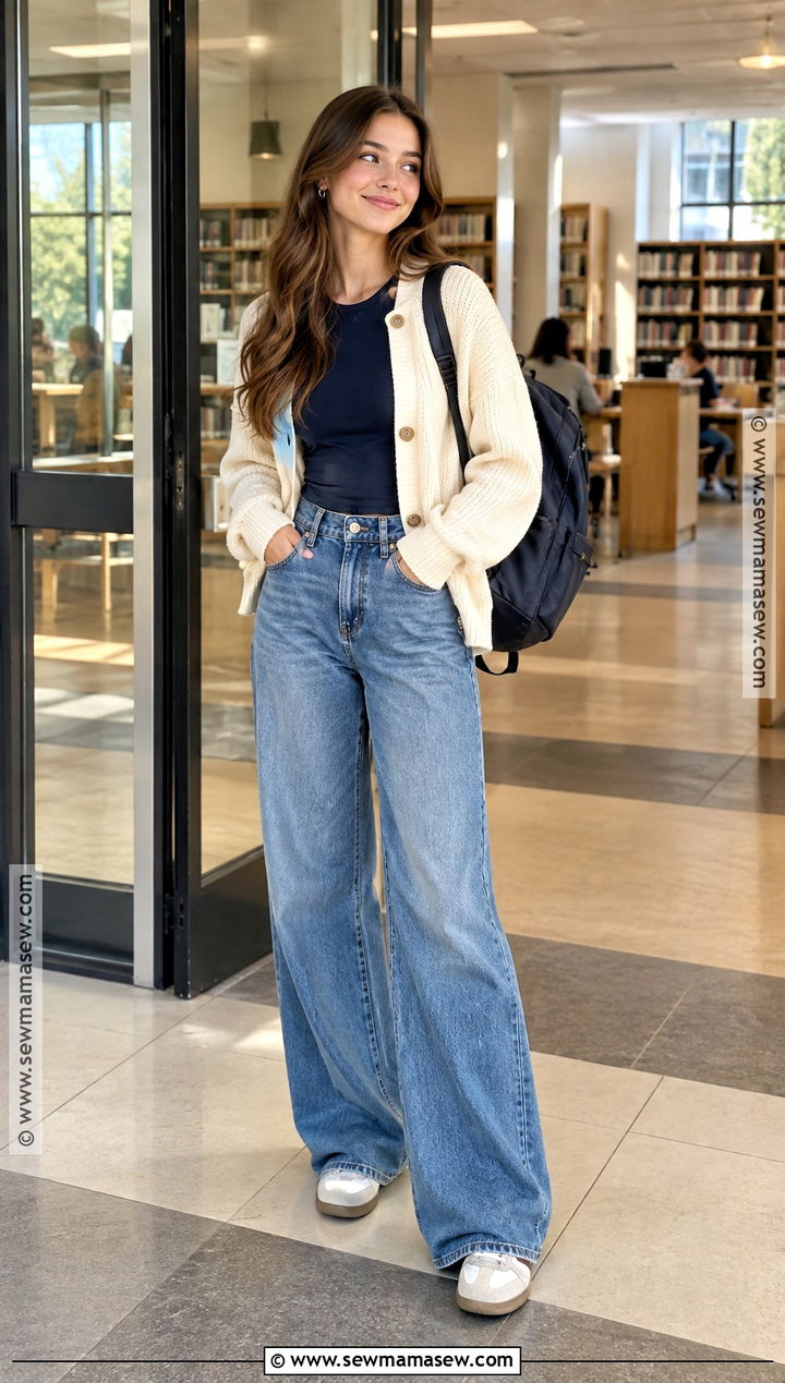Cardigan And Wide Leg Jeans Outfit - 20 back to school shopping list clothes